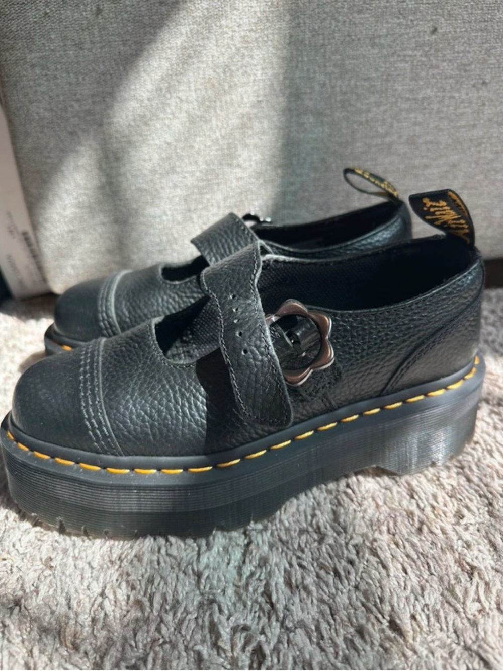 Dr. Martens Black Leather Mary Jane Platform Shoes with Yellow Stitching